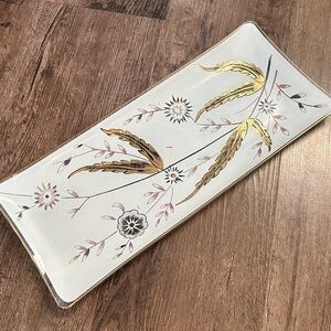 Vintage MCM Frosted Glass Vanity Tray 
Gold Wheat Dresser Catchall